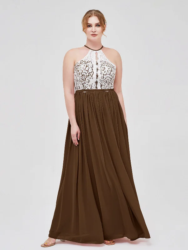 Halter Maxi Dress with Ivory Lace Bodice-Brown Fashionable Off-Shoulder Maxi Dress