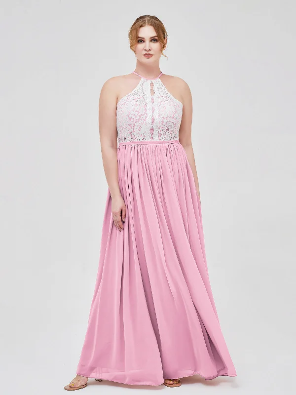 Halter Maxi Dress with Ivory Lace Bodice-Candy Pink Elegant Boho Maxi Dress