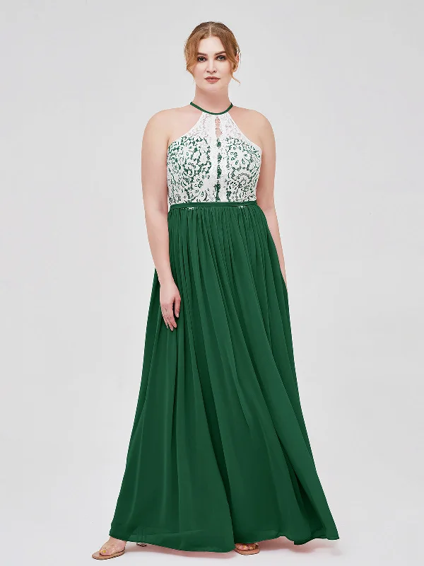 Halter Maxi Dress with Ivory Lace Bodice-Dark Green Classic A-Line Maxi Dress