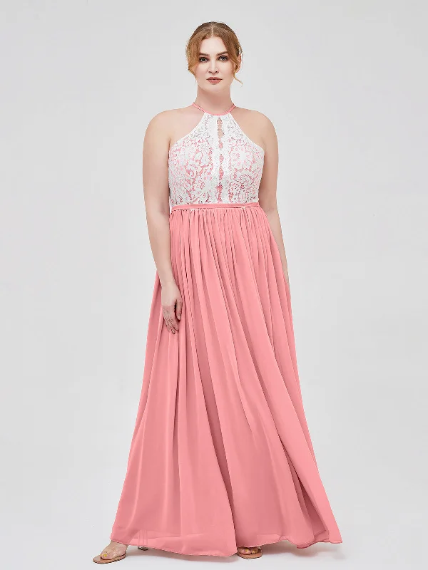 Halter Maxi Dress with Ivory Lace Bodice-Flamingo Elegant Maxi Dress with Slit