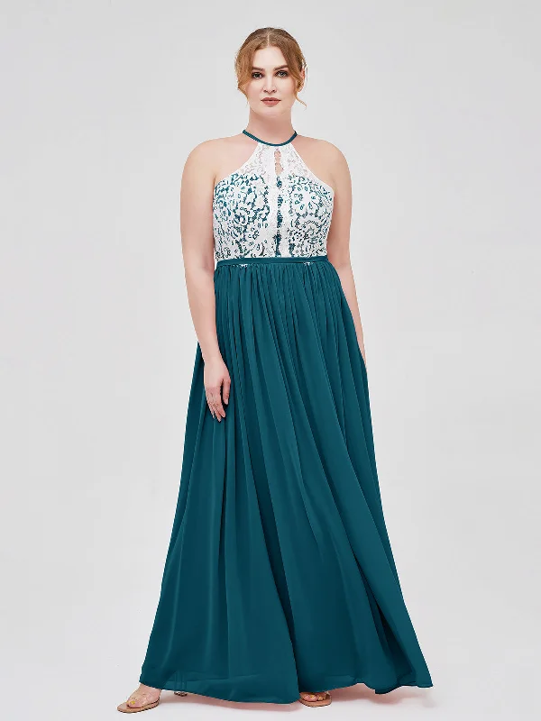 Halter Maxi Dress with Ivory Lace Bodice-Ink Blue Fashionable Sheer Maxi Dress