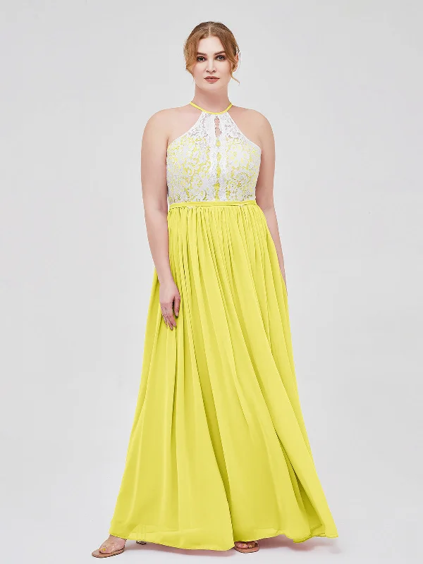 Halter Maxi Dress with Ivory Lace Bodice-Lemon Elegant Maxi Dress with Ruffles