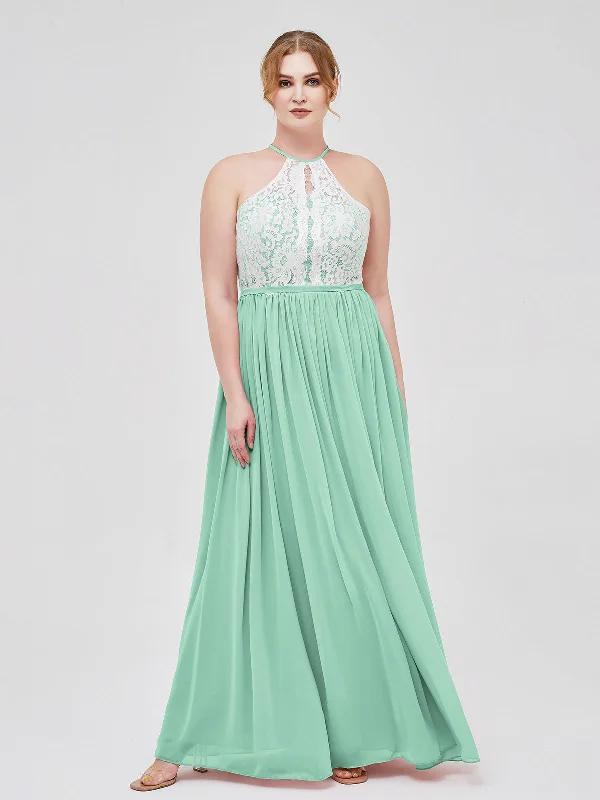 Halter Maxi Dress with Ivory Lace Bodice-Mint Green Elegant Maxi Dress with Ruffles