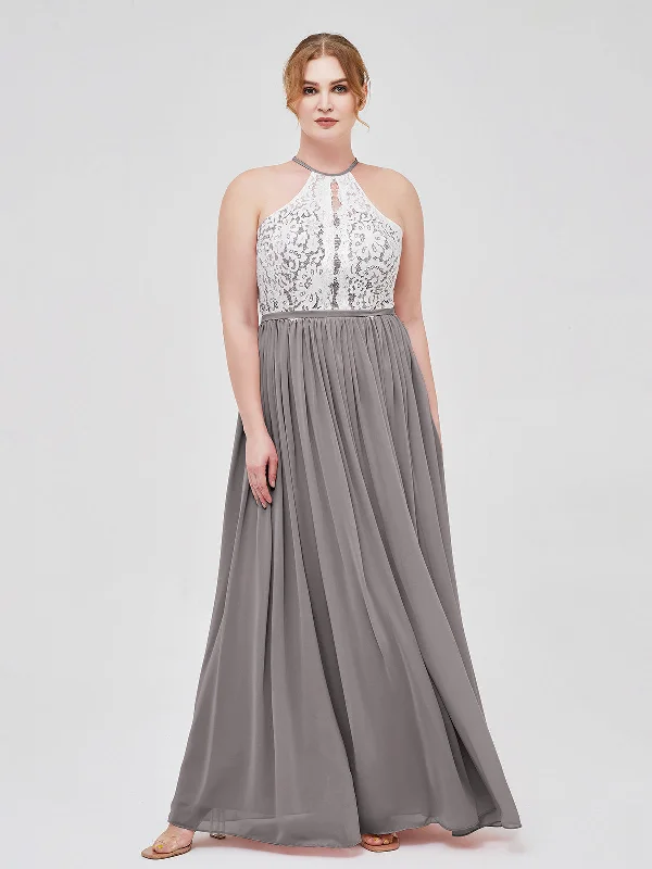 Halter Maxi Dress with Ivory Lace Bodice-Silver Chic Off-Shoulder Maxi Dress