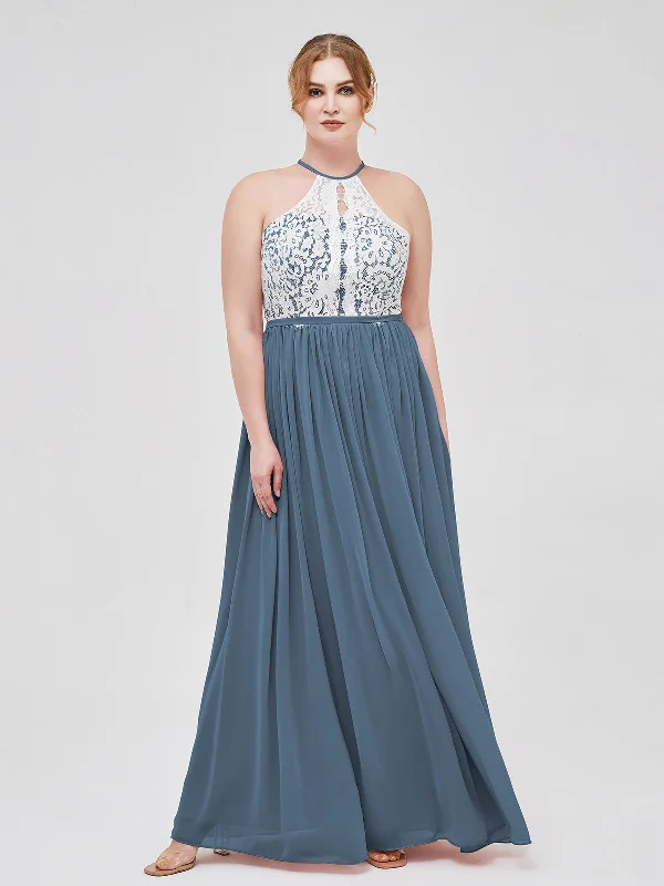 Halter Maxi Dress with Ivory Lace Bodice-Slate Blue Trendy Printed Maxi Dress