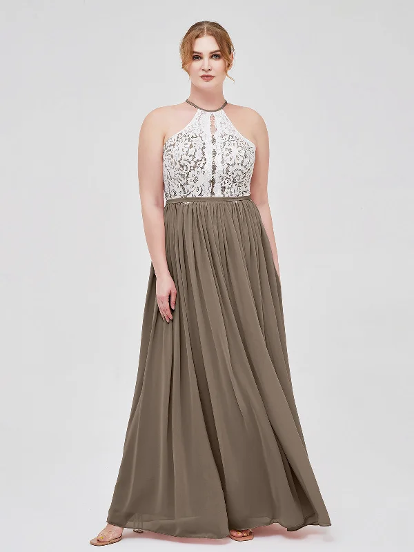 Halter Maxi Dress with Ivory Lace Bodice-Taupe Stylish Pleated A-Line Maxi Dress