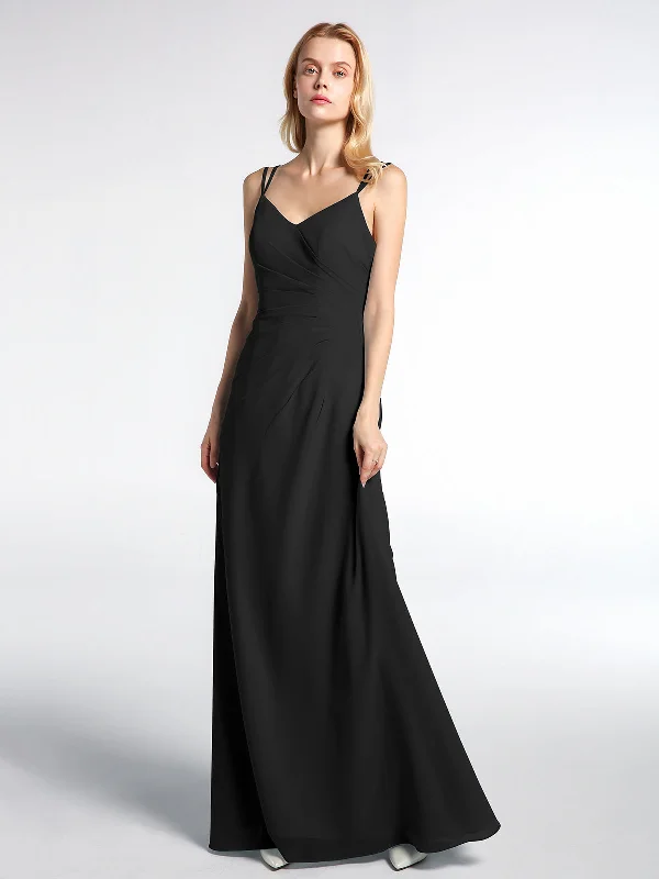 Double Straps Cross Back Chiffon Maxi Dress-Black Elegant Maxi Dress with Pockets