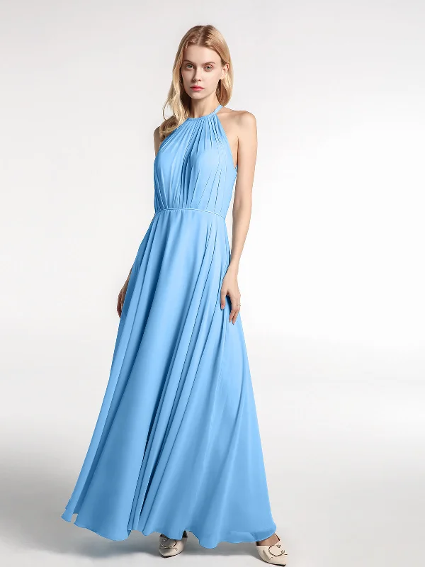 Halter Neck Chiffon Maxi Dress with Circle Skirt-Blue Comfortable Maxi Dress with Slits Halter Neck Chiffon Maxi Dress with Circle Skirt-Blue Comfortable Maxi Dress with Slits