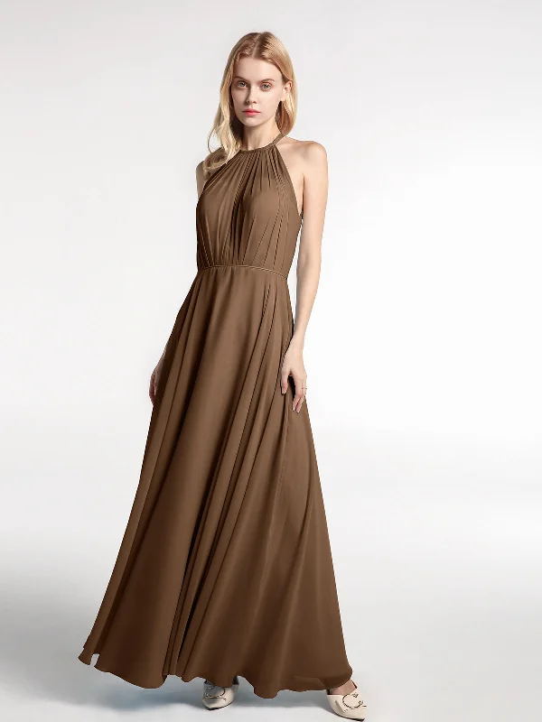 Halter Neck Chiffon Maxi Dress with Circle Skirt-Brown Elegant Silk Maxi Dress