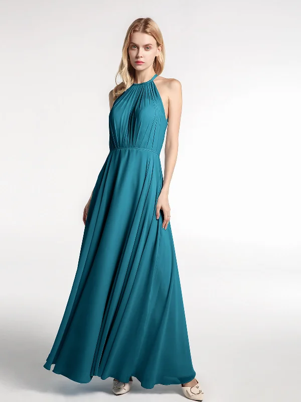 Halter Neck Chiffon Maxi Dress with Circle Skirt-Ink Blue Stylish Long Sleeve Maxi Dress