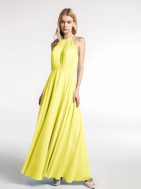 Halter Neck Chiffon Maxi Dress with Circle Skirt-Lemon Comfortable Fit-and-Flare Maxi Dress Halter Neck Chiffon Maxi Dress with Circle Skirt-Lemon Comfortable Fit-and-Flare Maxi Dress