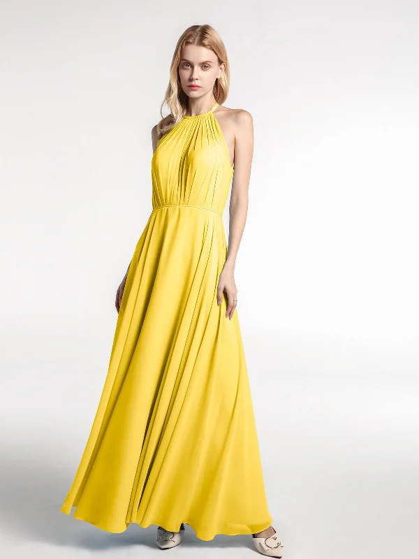 Halter Neck Chiffon Maxi Dress with Circle Skirt-Marigold Elegant Floral Maxi Dress