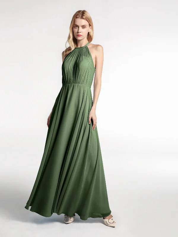 Halter Neck Chiffon Maxi Dress with Circle Skirt-Olive Green Stylish Maxi Dress with Pleats Halter Neck Chiffon Maxi Dress with Circle Skirt-Olive Green Stylish Maxi Dress with Pleats
