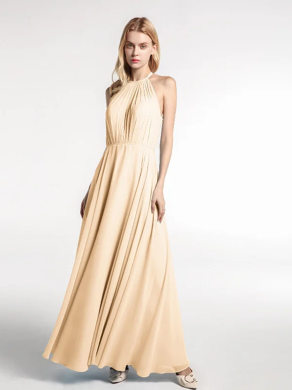Halter Neck Chiffon Maxi Dress with Circle Skirt-Peach Trendy Ruffled Maxi Dress