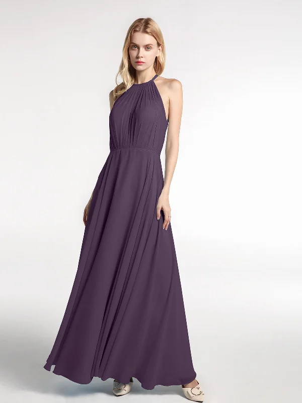 Halter Neck Chiffon Maxi Dress with Circle Skirt-Plum Trendy Maxi Dress with Lace