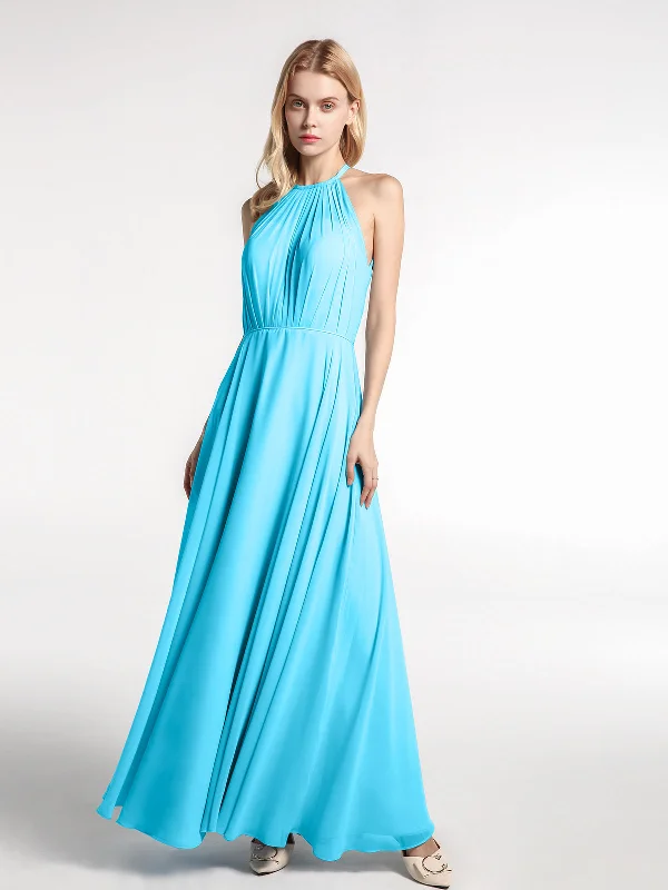 Halter Neck Chiffon Maxi Dress with Circle Skirt-Pool Comfortable Fitted Maxi Dress