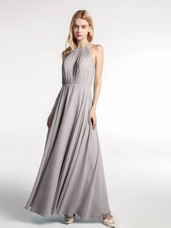 Halter Neck Chiffon Maxi Dress with Circle Skirt-Silver Comfortable Maxi Dress with Sleeves Halter Neck Chiffon Maxi Dress with Circle Skirt-Silver Comfortable Maxi Dress with Sleeves