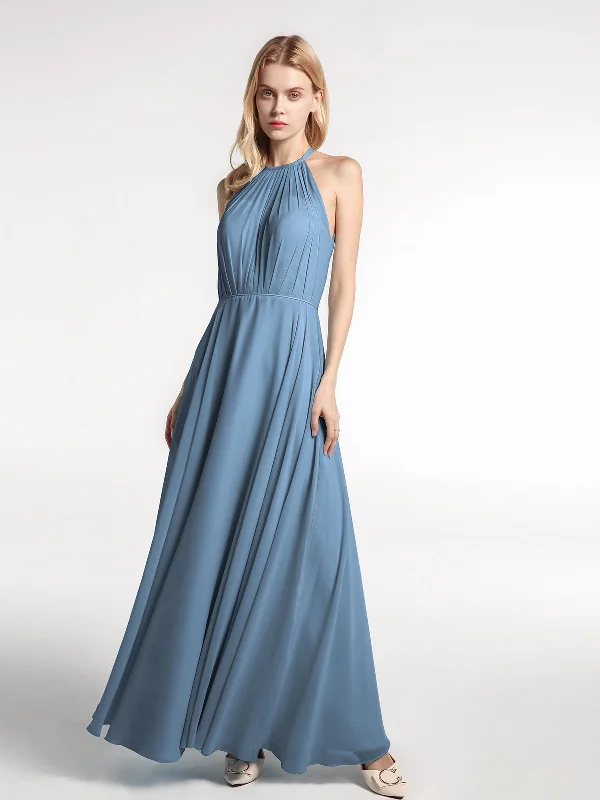 Halter Neck Chiffon Maxi Dress with Circle Skirt-Slate Blue Stylish Pleated A-Line Maxi Dress Halter Neck Chiffon Maxi Dress with Circle Skirt-Slate Blue Stylish Pleated A-Line Maxi Dress