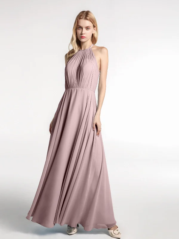Halter Neck Chiffon Maxi Dress with Circle Skirt-Vintage Mauve Stylish Button-Up Maxi Dress Halter Neck Chiffon Maxi Dress with Circle Skirt-Vintage Mauve Stylish Button-Up Maxi Dress