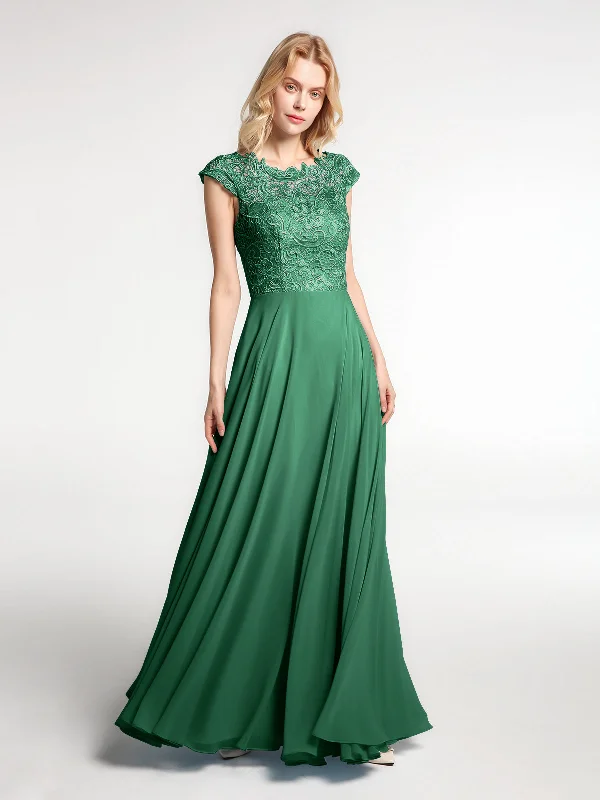 Illusion Wrap Neck Lace and Chiffon Maxi Dress-Dark Green Classic A-Line Maxi Dress