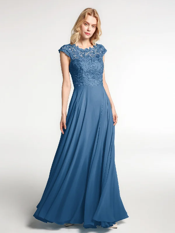 Illusion Wrap Neck Lace and Chiffon Maxi Dress-Ink Blue Classic Tulle Maxi Dress