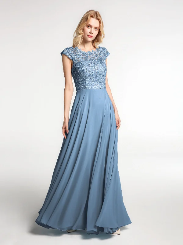 Illusion Wrap Neck Lace and Chiffon Maxi Dress-Slate Blue Stylish Boho Chic Maxi Dress