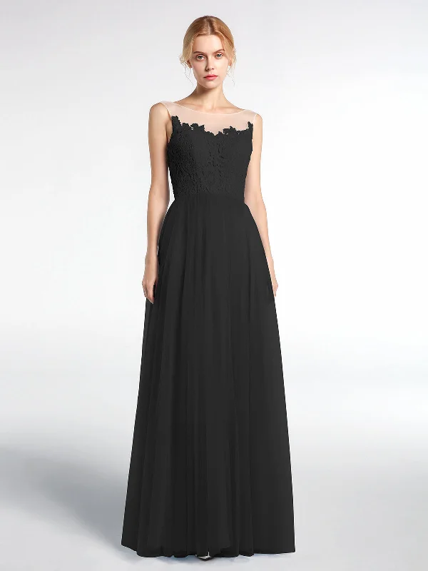 Illusion Neckline Lace and Tulle Maxi Dress-Black Elegant Silk Maxi Dress