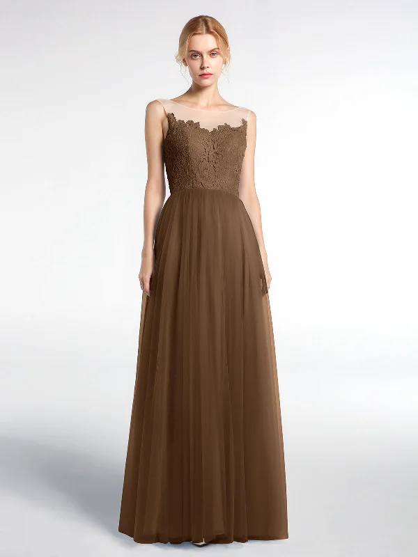Illusion Neckline Lace and Tulle Maxi Dress-Brown Comfortable Plunging Neckline Maxi Dress Illusion Neckline Lace and Tulle Maxi Dress-Brown Comfortable Plunging Neckline Maxi Dress