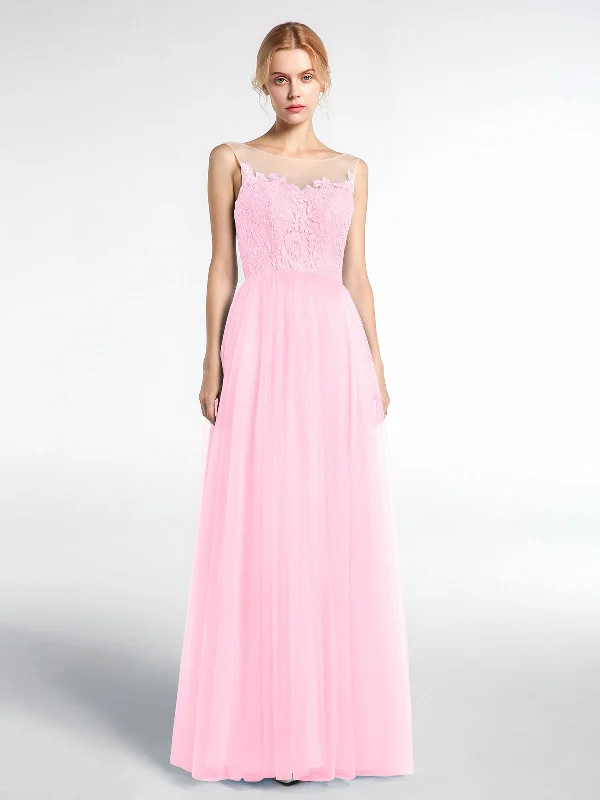 Illusion Neckline Lace and Tulle Maxi Dress-Candy Pink Classic Tulle Maxi Dress