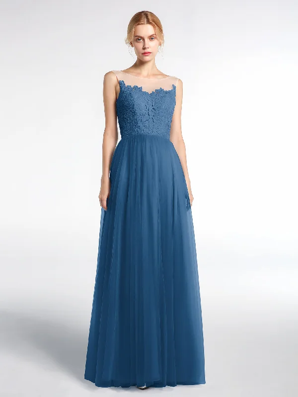 Illusion Neckline Lace and Tulle Maxi Dress-Ink Blue Chic Sleeveless Maxi Dress
