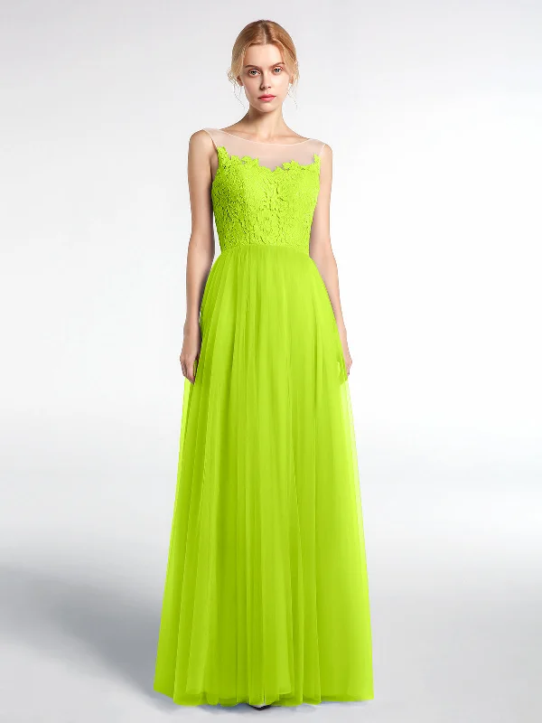 Illusion Neckline Lace and Tulle Maxi Dress-Lime Green Trendy Maxi Dress with Lace