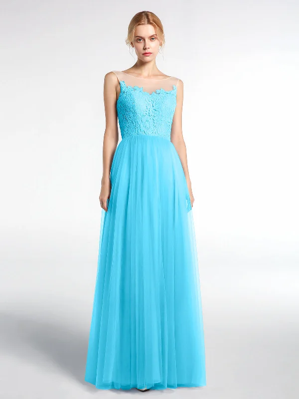 Illusion Neckline Lace and Tulle Maxi Dress-Pool Cozy Open-Back Maxi Dress