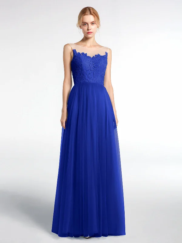 Illusion Neckline Lace and Tulle Maxi Dress-Royal Blue Elegant Floral Maxi Dress