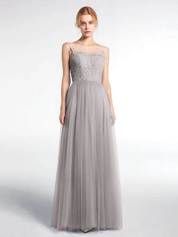 Illusion Neckline Lace and Tulle Maxi Dress-Silver Elegant Maxi Dress with Slit