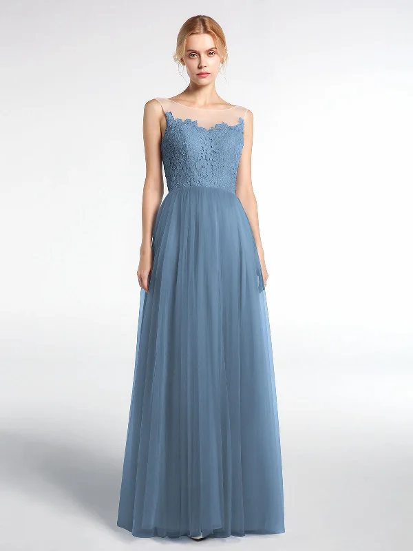 Illusion Neckline Lace and Tulle Maxi Dress-Slate Blue Elegant Silk Maxi Dress