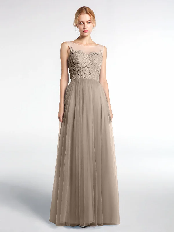 Illusion Neckline Lace and Tulle Maxi Dress-Taupe Chic Off-Shoulder Maxi Dress