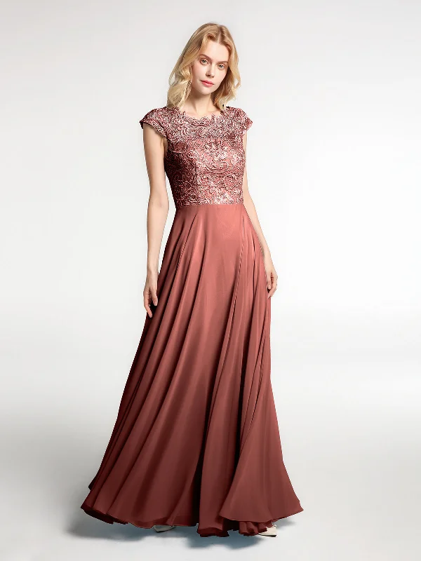 Illusion Wrap Neck Lace and Chiffon Maxi Dress-Terracotta Cozy Longline Maxi Dress