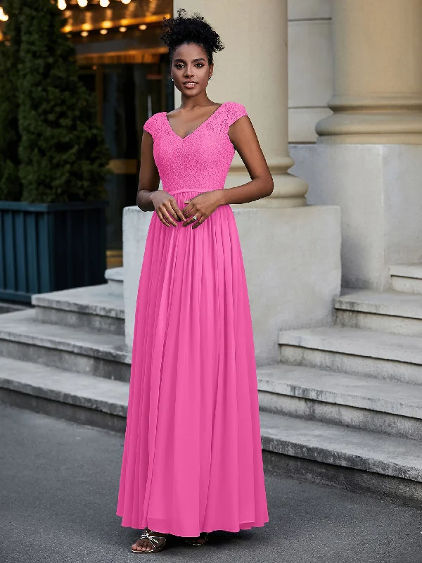 Lace and Chiffon Maxi Dress with Cap Sleeves-Azalea Trendy A-Line Maxi Dress