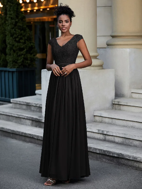 Lace and Chiffon Maxi Dress with Cap Sleeves-Black Trendy Floral Print Maxi Dress