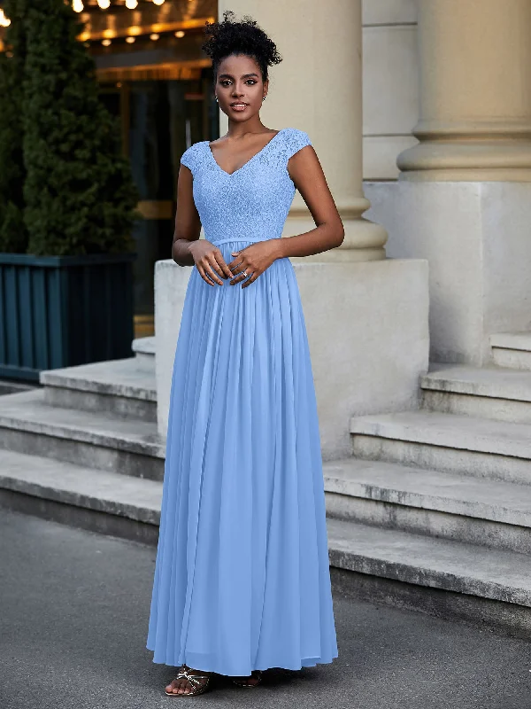 Lace and Chiffon Maxi Dress with Cap Sleeves-Blue Fashionable Chiffon Tiered Maxi Dress Lace and Chiffon Maxi Dress with Cap Sleeves-Blue Fashionable Chiffon Tiered Maxi Dress