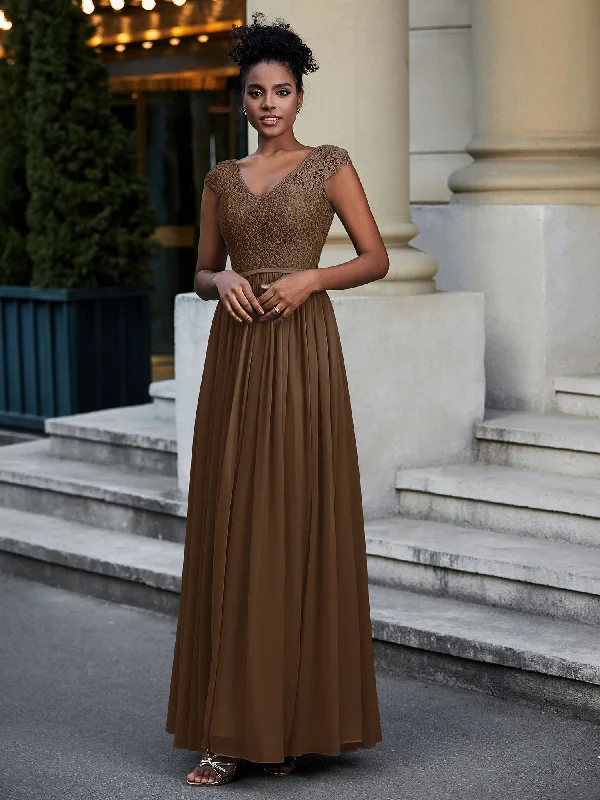Lace and Chiffon Maxi Dress with Cap Sleeves-Brown Stylish Off-Shoulder Maxi Dress