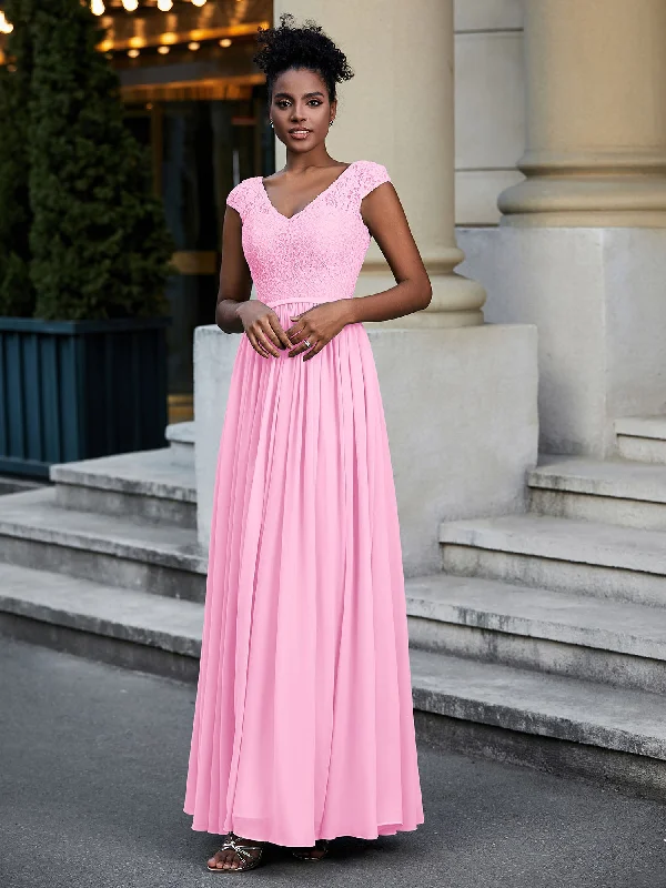 Lace and Chiffon Maxi Dress with Cap Sleeves-Candy Pink Comfortable Pleated Maxi Dress Lace and Chiffon Maxi Dress with Cap Sleeves-Candy Pink Comfortable Pleated Maxi Dress