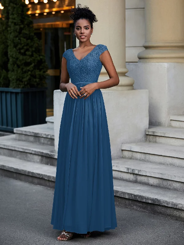Lace and Chiffon Maxi Dress with Cap Sleeves-Ink Blue Trendy A-Line Maxi Dress