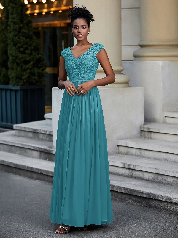 Lace and Chiffon Maxi Dress with Cap Sleeves-Jade Comfortable T-Shirt Maxi Dress