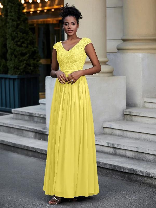 Lace and Chiffon Maxi Dress with Cap Sleeves-Lemon Cozy Spaghetti Strap Maxi Dress