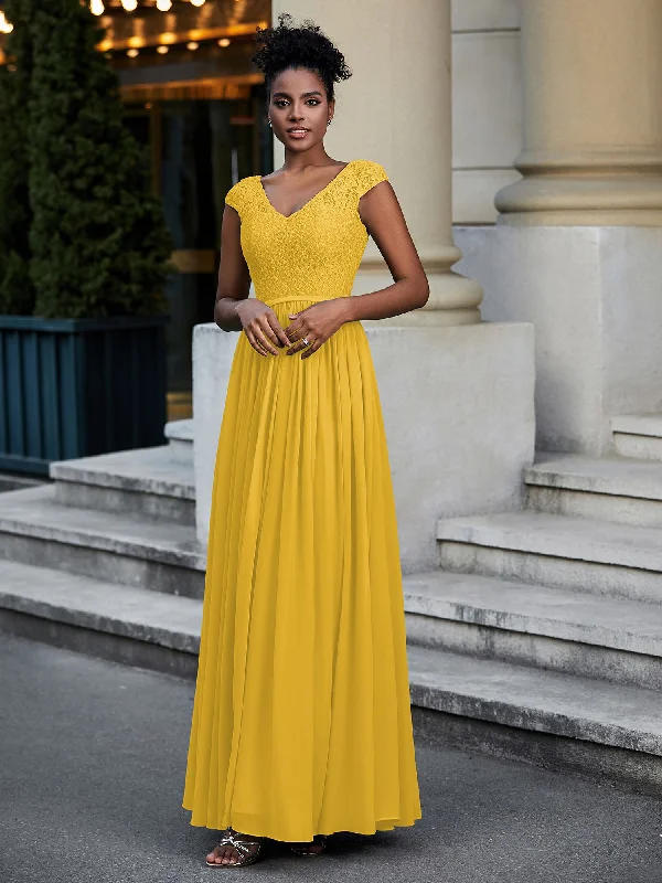 Lace and Chiffon Maxi Dress with Cap Sleeves-Marigold Fashionable High-Waist Maxi Dress Lace and Chiffon Maxi Dress with Cap Sleeves-Marigold Fashionable High-Waist Maxi Dress