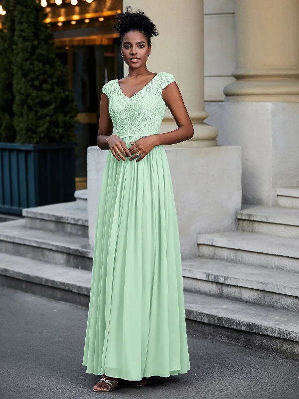 Lace and Chiffon Maxi Dress with Cap Sleeves-Mint Green Chic Button-Up Maxi Dress