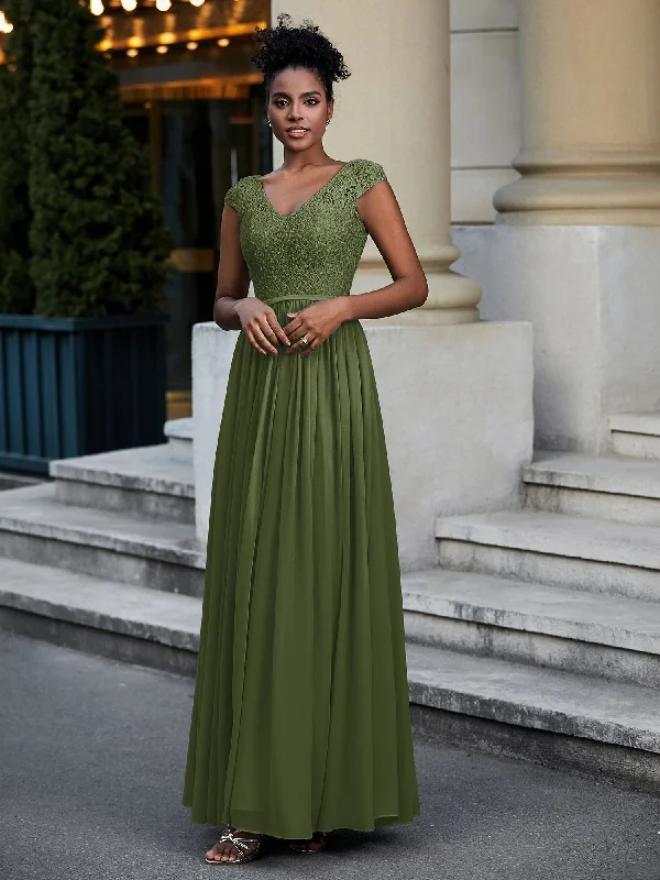 Lace and Chiffon Maxi Dress with Cap Sleeves-Olive Green Stylish Pleated A-Line Maxi Dress Lace and Chiffon Maxi Dress with Cap Sleeves-Olive Green Stylish Pleated A-Line Maxi Dress