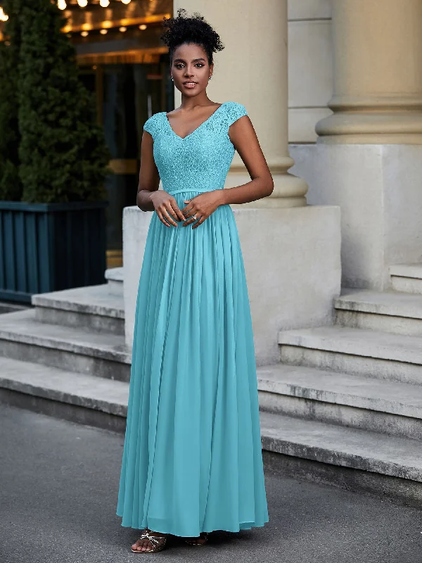 Lace and Chiffon Maxi Dress with Cap Sleeves-Pool Comfortable Bohemian Maxi Dress