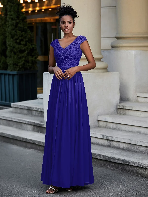 Lace and Chiffon Maxi Dress with Cap Sleeves-Royal Blue Elegant Pleated Maxi Dress